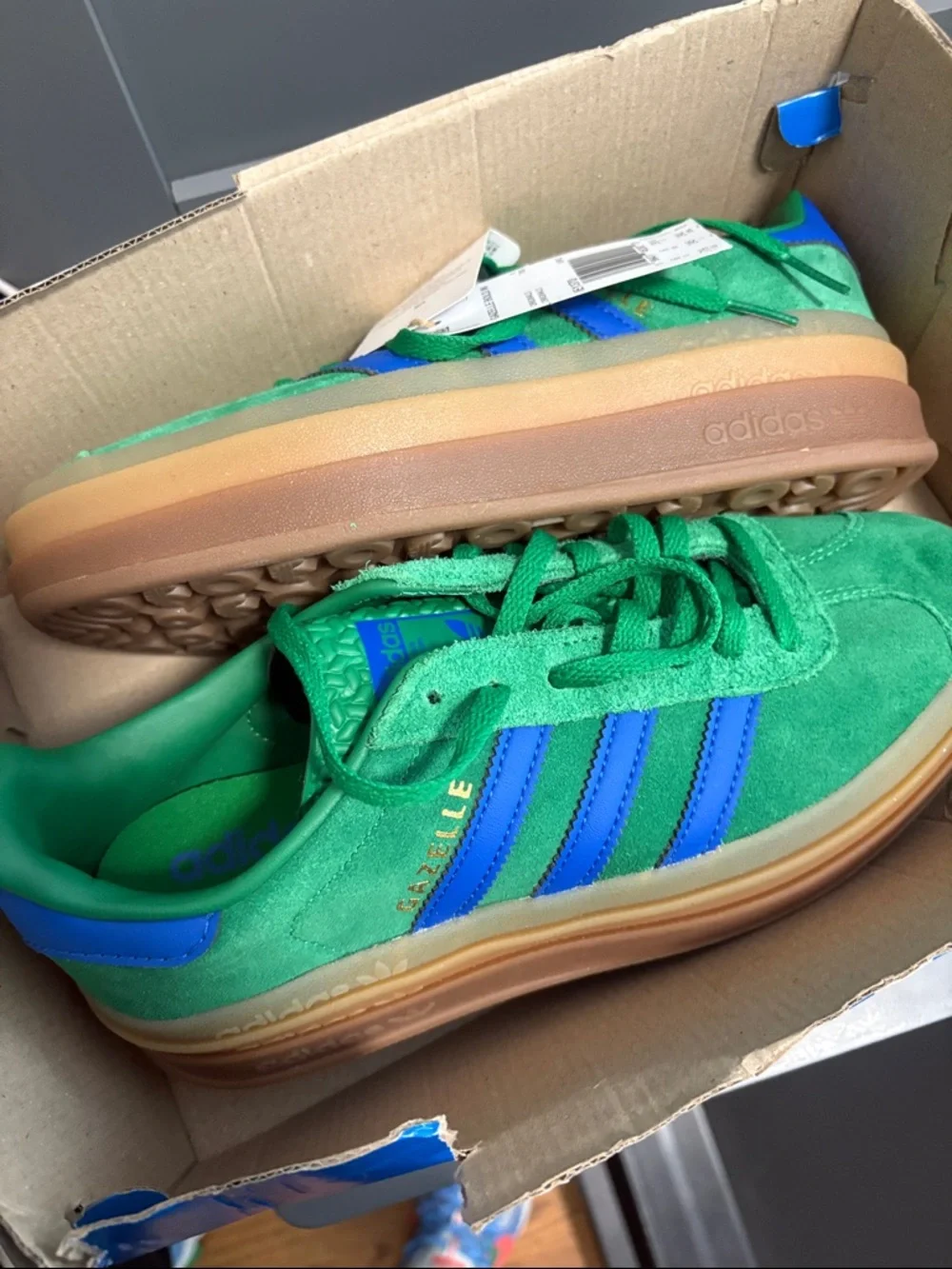 adidas Green Suede Gazelle Bold Platform Sneakers with Blue Stripes NWT - Picture 2 of 10